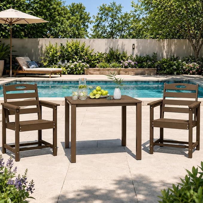 Domi HDPE Outdoor Dining Set, All-Weather Outdoor Dining Table Set of 3 with 2" Umbrella Hole, Outdoor Patio Dining Set for Garden, Poolside, Backyard, Deck, Brown