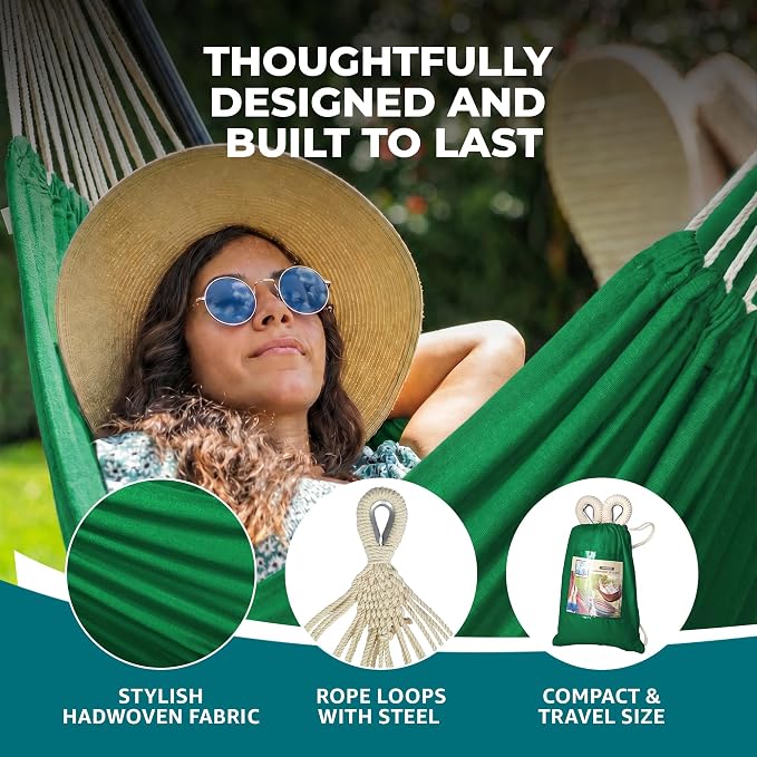 Bliss Hammocks 60" W Double Outdoor Hammock with Hand-Woven Rope Loops & Tree Straps, Patio, Durable, Cotton/Polyester, 265 Lbs Capacity, Green