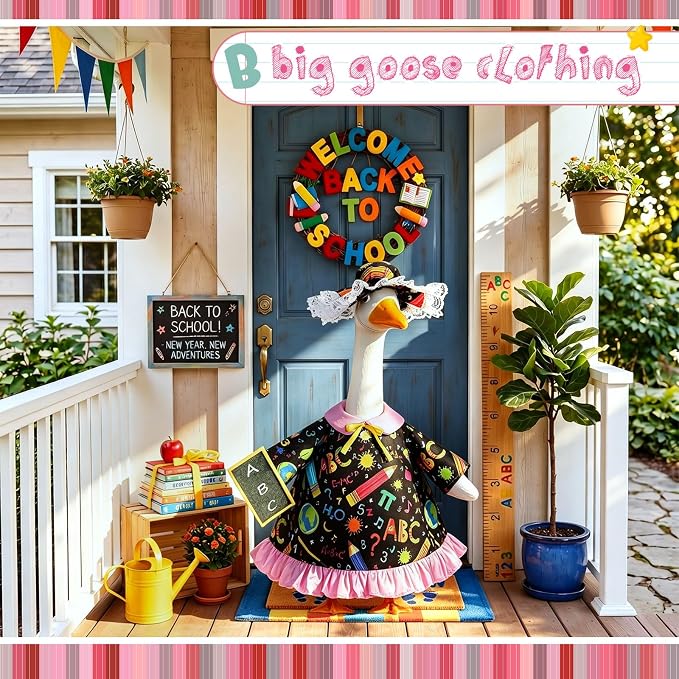 FuWeave Back to School Porch Goose Outfit Set for Plastic Statue Lawn Porch Goose Clothes with Schoolbag for Patio Decor