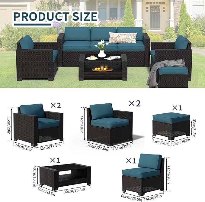 SHGJ&SOFT 7 Piece Patio Furniture Set, Wicker Outdoor Sectional Sofa with Washable Cushion Covers and Tempered Glass Table, Rattan Conversation Set for Poolside