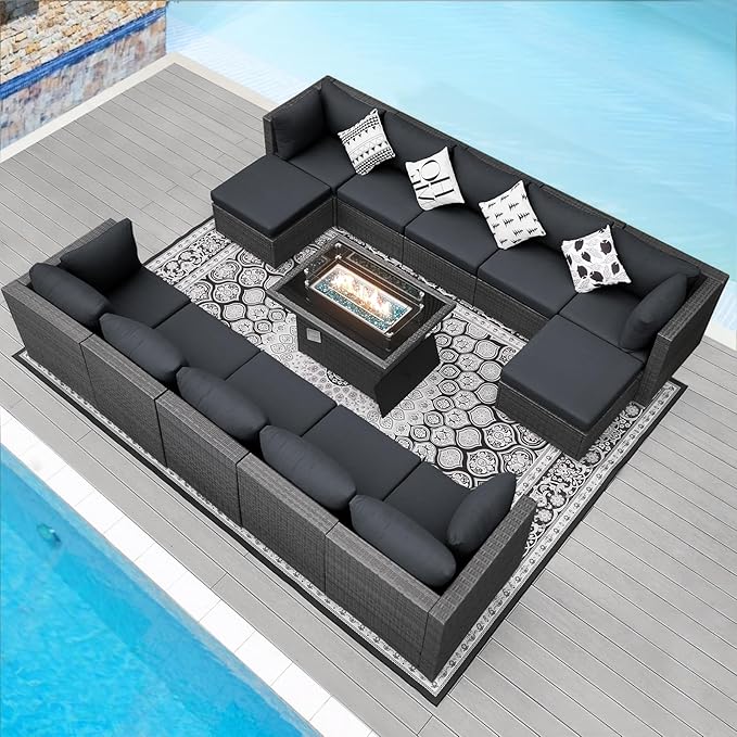 NICESOUL 13 Piece Patio Furniture w/Fireplace, Elegant Outdoor Seating w/Firepit, XL Size 29.3'' High Back Sectional Sofa, All-Weather Rattan Deck Couch, Modular Sturdy Conversation Set, Dark Gray