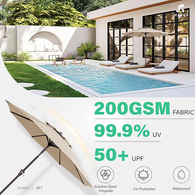 JEAREY 9 ft 2-Tiers Patio Umbrellas Outdoor Table Market Umbrella w/Push Button Tilt/Crank, 8 Sturdy Ribs, UV Protection Waterproof Sunproof(Beige)