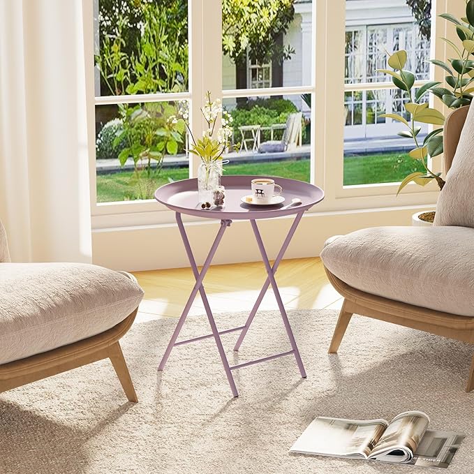 Garden 4 you Folding TV Tray Table, Metal Round Side Table, Purple Dinner Table with Metal Frame, Modern Outdoor Tray Table for Living Room, Bedroom, Patio & Small Spaces, 2 Packs