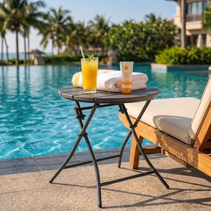 TeoKJ Folding Black Small Outdoor Side Tables, HDPS Patio Table with Metal Legs, Outdoor Small Round Table for Garden,Deck, No Assembly Patio Table Round Nightstand for Porch Yard Balcony Deck Lawn