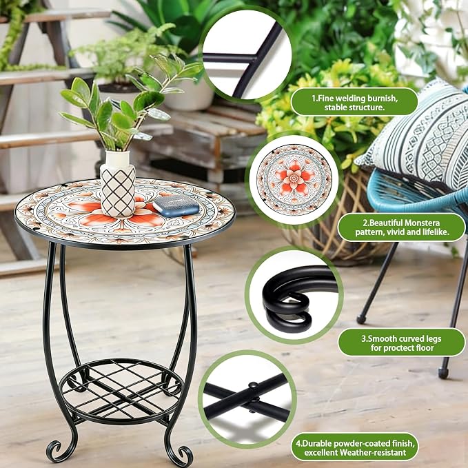 Arbuxzuy 12 Inch Small Outdoor Side Table with Colorful Flowers, Glass Mosaic Patio Table Indoor, Round Plant Coffee Table for Living Room, Balcony, Garden（Pink Flowers Style）