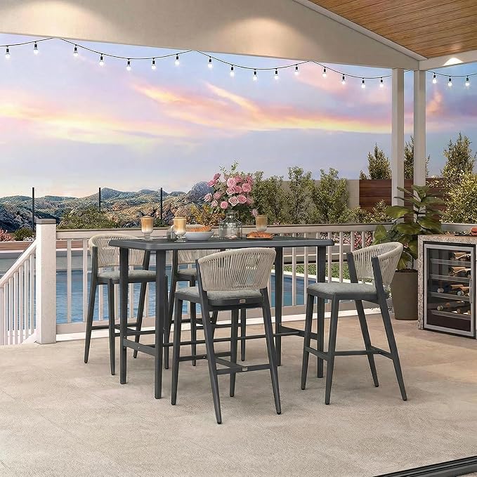 PURPLE LEAF Outdoor Counter Height Bar Table Rectangular Patio Pub Table with Waterproof Tabletop for Balcony Dark Grey
