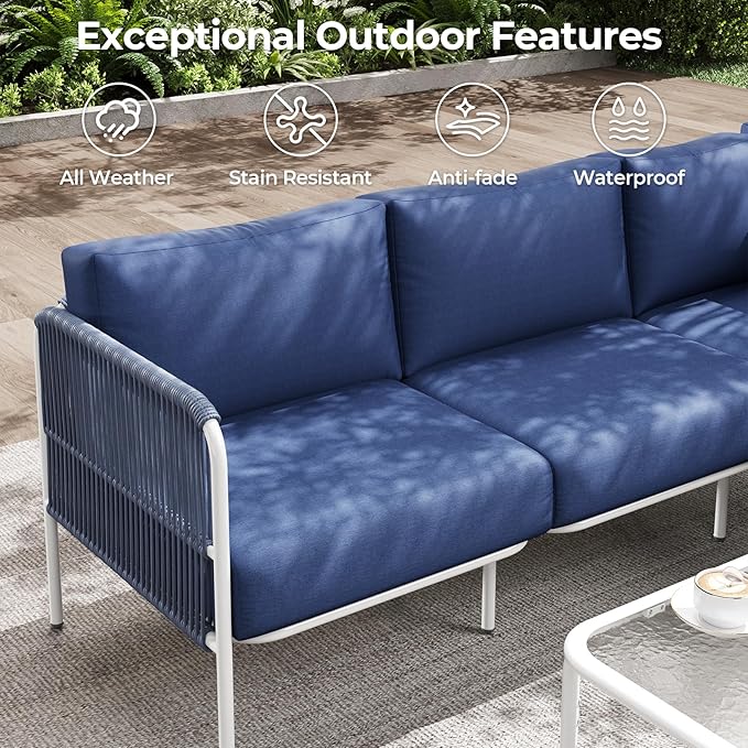 Patio Furniture Set, 6 Pieces Outdoor Couch Sectional, L Shaped Patio Set with PE Rope, Coffee Table, Waterproof Extra-Thick Cushions, Outdoor Seating Conversation Set for Balcony, Garden, Backyard