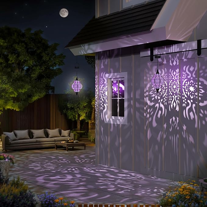 Hapjoy Hanging Solar Lights Outdoor Garden Decor Solar Lantern Waterproof Plastic Moroccan Outdoor Decorations for Patio Pathway Yard Backyard Garden Decorative (1, Purple)