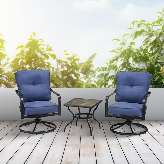 Four Seasons Courtyard Beaumont 3 Piece Deep Seating Outdoor Patio Chat Furniture Set with 2 Swivel Cushioned Chairs and Square Side Table, Gray/Brown