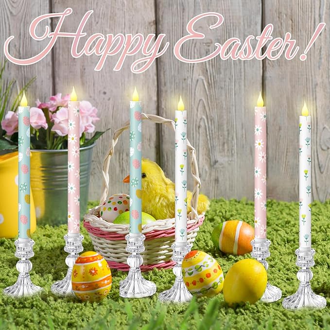 Honoson 6 Pcs Easter Flameless Taper Candles 10.6 Inch Colorful Candles Battery Operated LED Candlesticks for Easter Centerpieces Dinner Table Home Party Decor