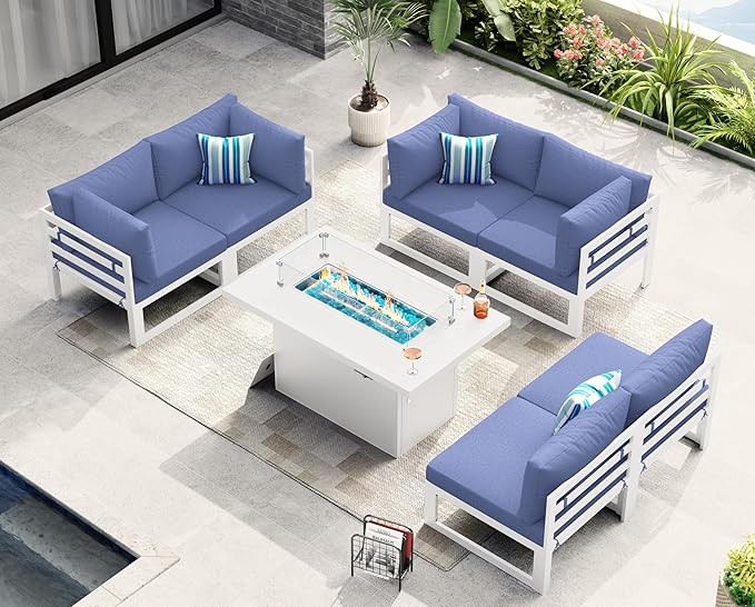 NICESOUL 6 Seat Oversized Modern Aluminum Patio Furniture Set, All Weather Rust Proof Modular Sectional Sofa with Fire Pit Table, 500 lbs Heavy Duty Comfy Outdoor Couch for Garden Backyard, Denim Blue