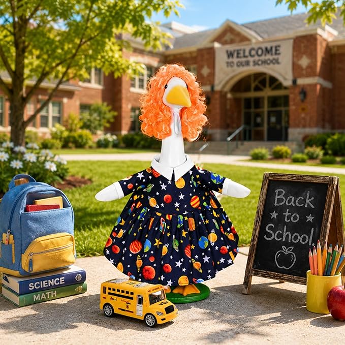 JcHrmers Back to School Porch Goose Outfits Teacher Goose Outfits Lawn Goose Clothes Fits 23" Cement Plastic Goose Statue for School Classroom Outdoor Garden Lawn Yard Patio Decor
