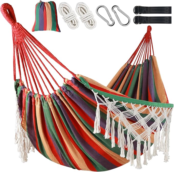Posprica Brazilian Style Double Hammock with Fringe, 2 Person Patio Hammock for Backyard & Indoor Relaxation, Soft Breathable Fabric, Easy Setup with Straps & Carry Bag, 360 lbs Capacity