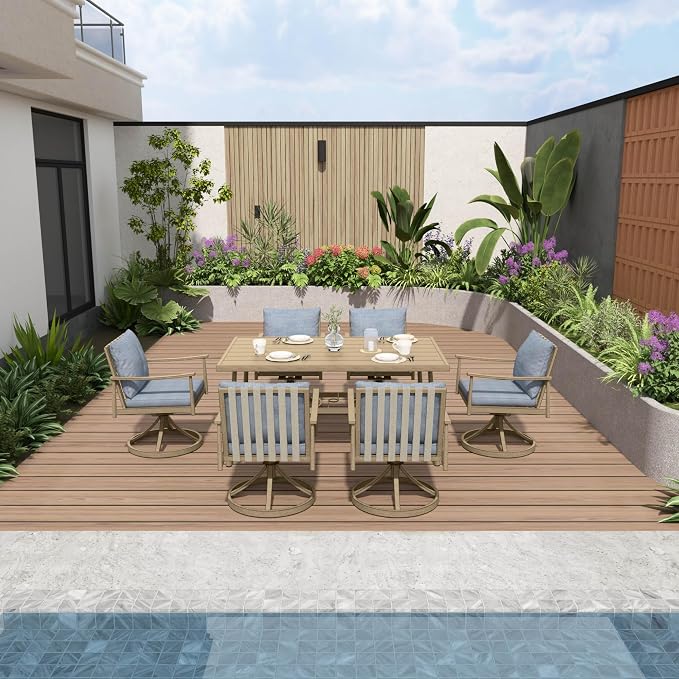 7-Piece Outdoor Dining Set for 6, Aluminum Dining Set with Cushions, 6 Swivel Chairs with Rope Backrest, Large Rectangular Table with Umbrella Hole, Patio Dining Set for Lawn Porch Yard,Brown
