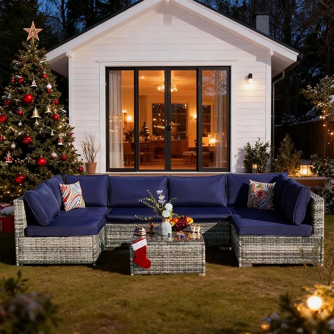 7 Piece Outdoor Sectional with Waterproof Cushions, Outdoor Patio Furniture Set with Coffee Table, Sectional Couch Sofa with Cushions, Wicker Outdoor Conversation Set for Backyard & Garden, Navy Blue