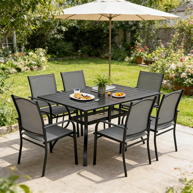SUNCROWN 7 Pieces Outdoor Dining Set, Patio Furniture Set with 6 x Textilene Dinning Chairs and 1 Steel Slat Metal Bistro Table for Garden Lawn Backyard Deck (Grey)