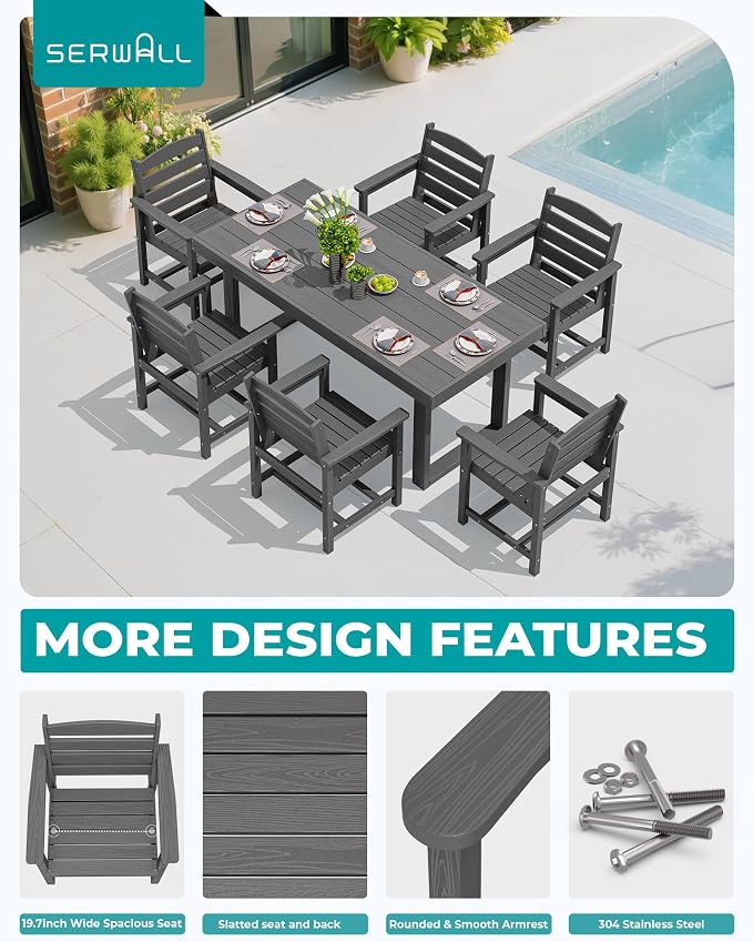 SERWALL HDPE Outdoor Dining Set for 6, 67'' Patio Table and Chairs Set | with Armchair Seat