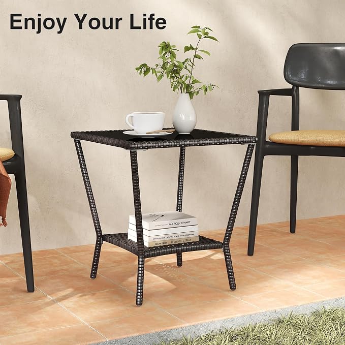 Outdoor Small Patio Table - PE Rattan Coffee Table, Wicker Side Table for Patio, Balcony & Porch, Durable & Iron Frame (2, Black Brown)