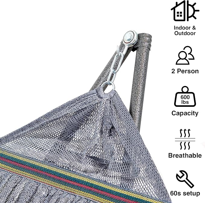 Best Home Fashion Portable Hammock with Collapsible Steel Stand, 600 lbs Capacity, No Tools Assembly, Carrying Bag Included, Perfect for Indoor Outdoor Backyard Patio Camping Beach, 2 Person, Grey