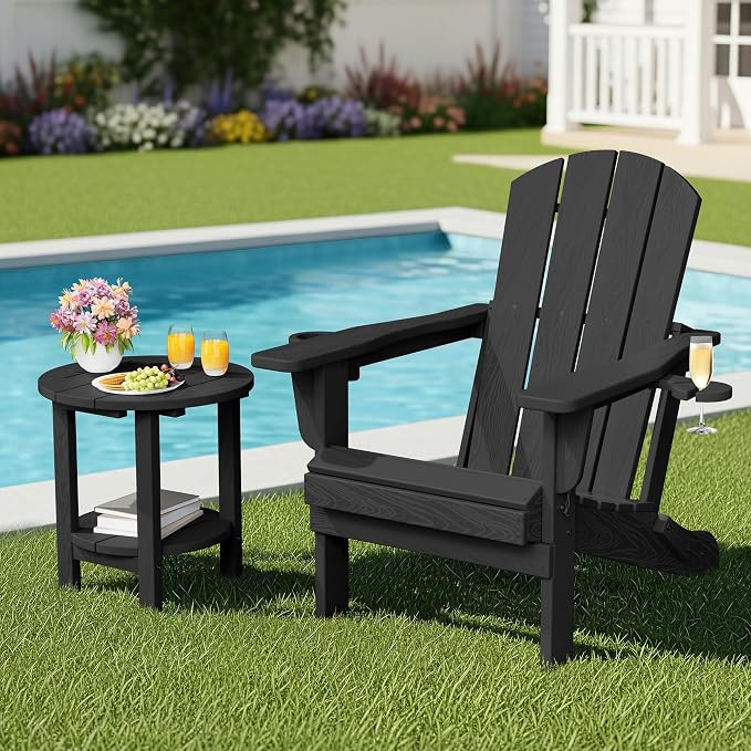 SERWALL Round Outdoor Side Table, HDPE Small Adirondack End Table,2-Tier Patio Side Table for Backyard Pool Porch Garden Lawn, Black