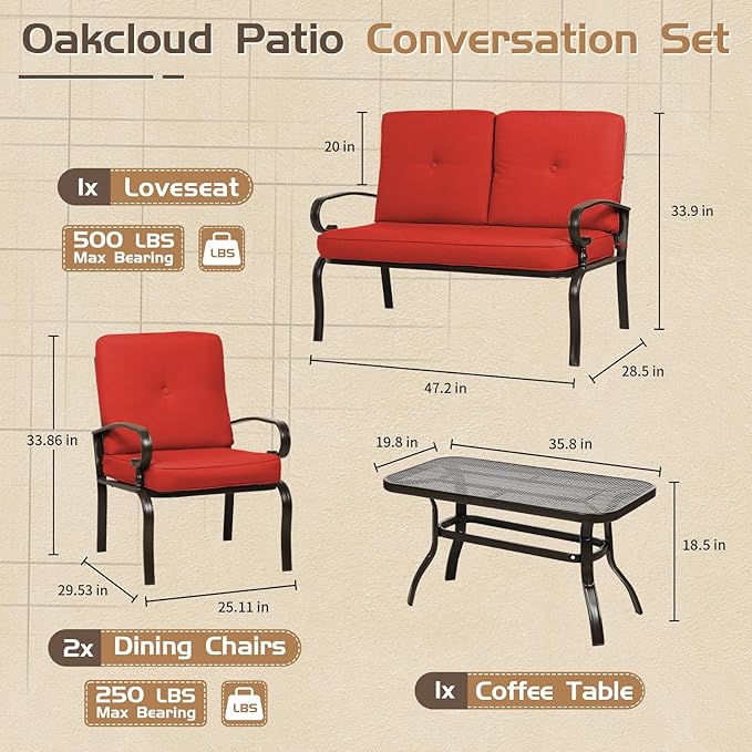 4-Piece Outdoor Metal Furniture Sets Patio Conversation Set Wrought Iron Loveseat, 2 Single Chairs, Coffee Table with Cushion, Lawn Front Porch Garden, Red