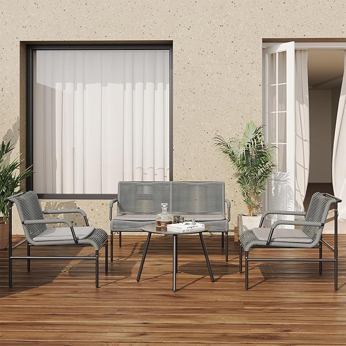 East Oak 4 Piece Patio Furniture Set, Outdoor Furniture with PE Wicker Rattan Chairs and Coffee Table, Modern Patio Conversation Set with Soft Pad for Garden, Backyard and Porch, Misty Grey