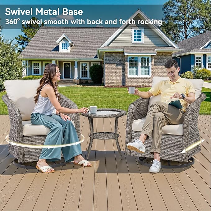 Belord 6 Pieces Patio Furniture Sets - All Weather Outdoor Swivel Rocker Patio Chairs with 3-Seat Sofa and Multifunctional Ottomans, Swivel Rocker Chairs for Garden Porch Deck Grey/Beige