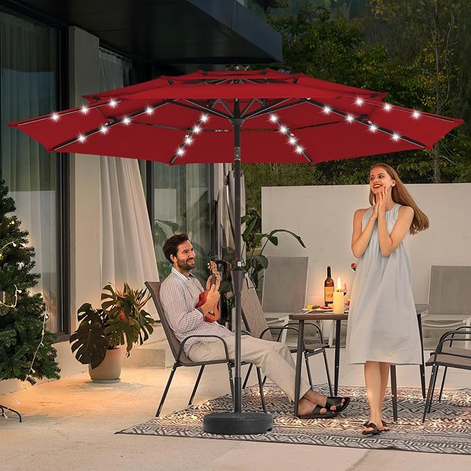JEAREY 3 Tiers Patio Umbrella with Solar Lights 9ft Outdoor Market Table Umbrellas with Push Button Tilt for Outside Pool Garden, Red