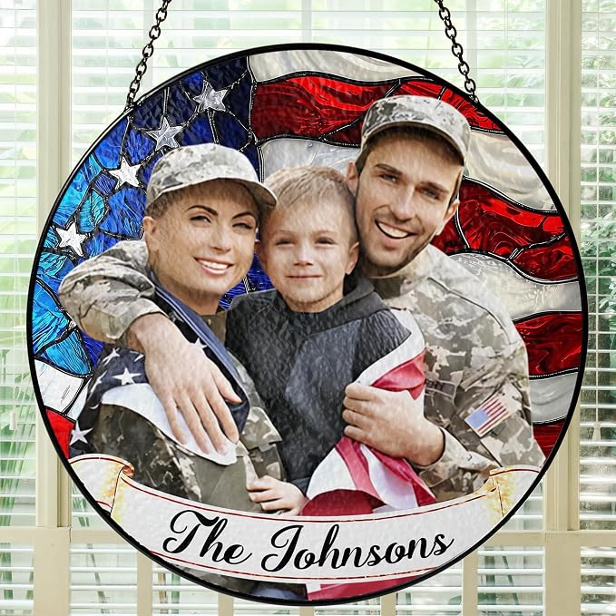 Personalized 4th of July Stained Glass Window Hanging Suncatcher, Custom Military Family - 4th of July Patriotic Family Photo Window Decor, Memorial Keepsake Gift (4th of July)