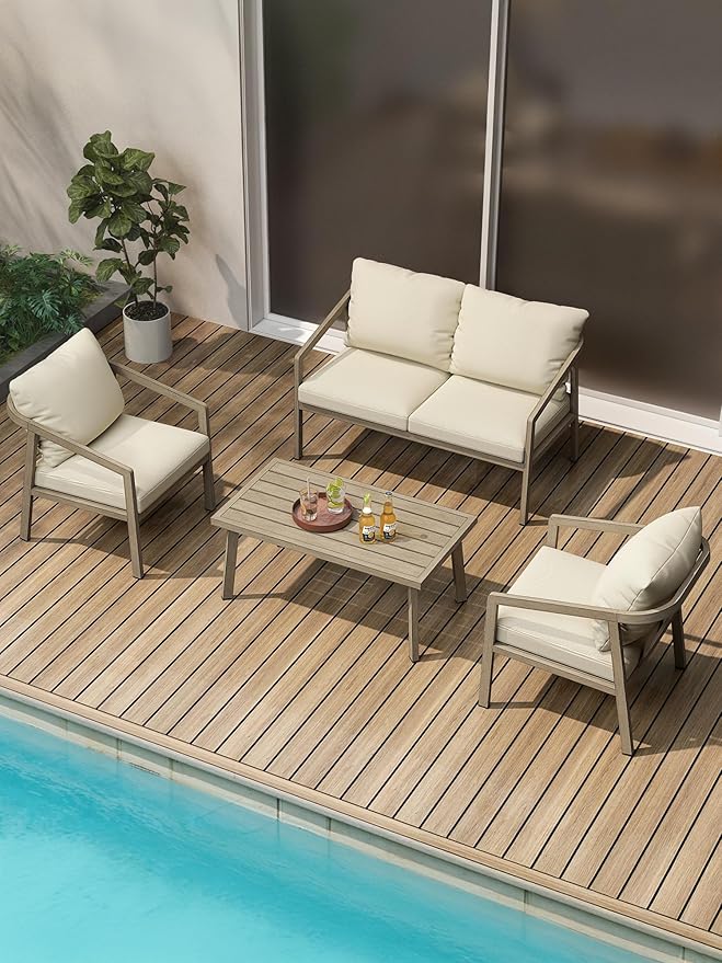 4-Piece Outdoor Sofa Set, Never-Rust Aluminum Patio Conversation Set with Thick Cushions, Outdoor Loveseat, 2 Patio Armchairs and Coffee Table for Outside, Poolside, Deck, Gray Oak