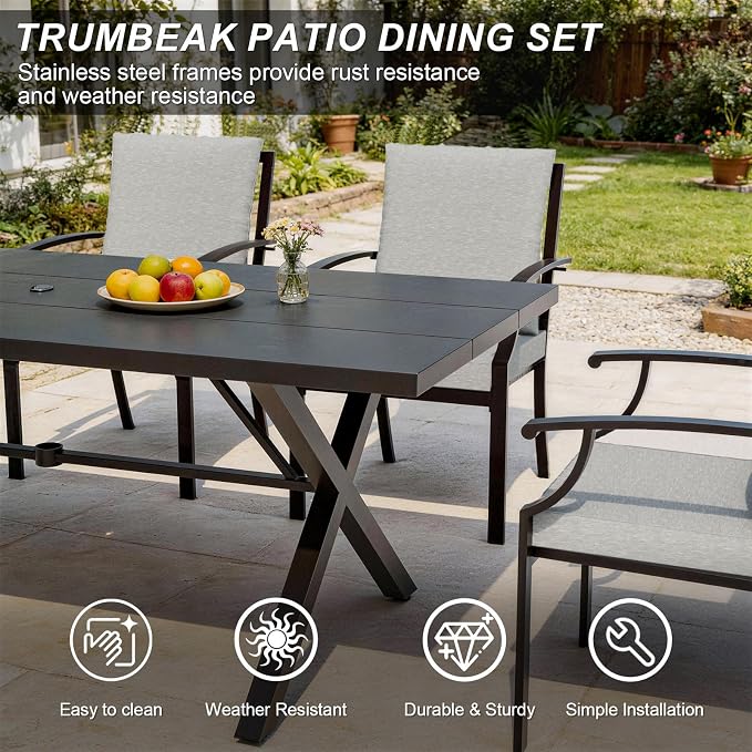 10-Piece Patio Dining Set,Metal Outdoor Furniture Set Includes 13.6FT Sand Umbrella,Hole Cut-Out 78.7" x 35.4" Table and 8 Metal Backrest Chairs for Backyard,Garden,Grey