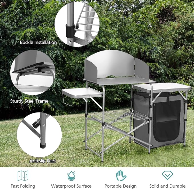 HAPPYGRILL Folding Grill Table Outdoor Camping Kitchen Table with Carry Bag Portable Aluminum Camp Cook Station for BBQ Picnic (Grey)