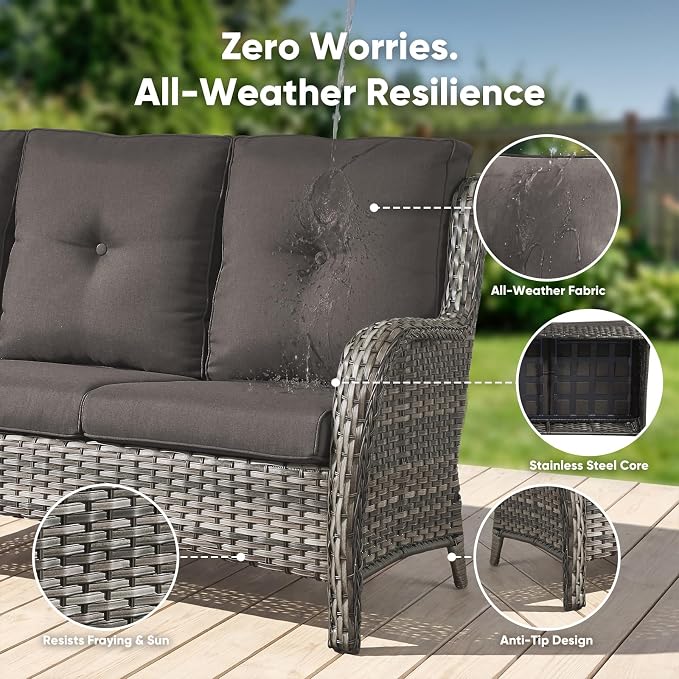 Belord Patio Sofa Luxury PE Wicker 3-Seater Outdoor Couch, Modern All-Weather High Back Deep Seat Woven Furniture Set for Porch, Deck, Balcony, Backyard - Grey/Grey