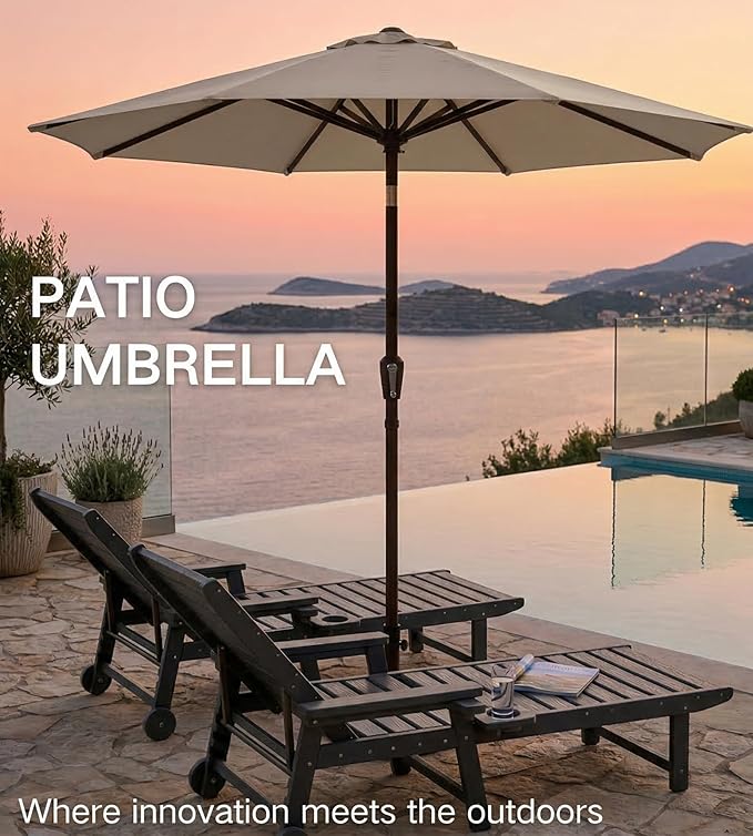 PatioKingdom 9FT Patio Outdoor Umbrella-UPF 50+ Sun Shade with Wind Vent, Push-Button Tilt & Smooth Crank Lift, Rust-Resistant Fiberglass Frame for Garden, Backyard,Yard (Beige)