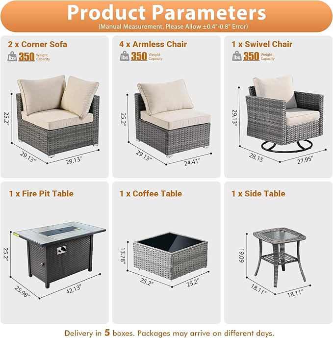 10 PCS Outdoor Patio Furniture Sets with 42'' Fire Pit Table,Wicker Weather Resistant Patio Conversation Set with Wicker Rocking Chair,Modular L Shaped Sofa with Coffee Table for Yard,Beige
