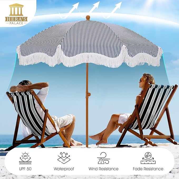 HERA'S PALACE 7ft Heavy Duty Beach Umbrella with Sand Anchor, Fringe Umbrella for Sand, UV 50+, Patio Umbrella with Tilt Pole for Garden Pool Backyard