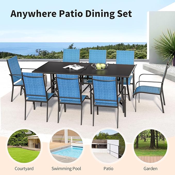 BUPPLEE 9-Piece Outdoor Patio Dining Set with 8 Stackable Dining Chairs, Metal Table with Umbrella Hole, 8-Person Patio Table and Chairs for Backyard, Poolside, Balcony and Garden Blue