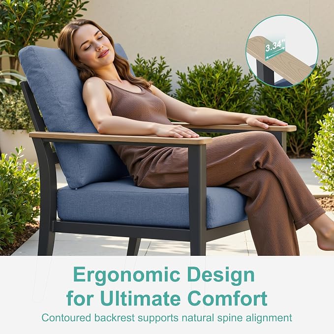 Aluminum Outdoor Patio Furniture Set with Swivel Rocking Chairs 5-Piece, Patio Sectional Sofa Patio Conversation Set with 55,000 BTU Fire Pit Table High Backrest & Thickened Cushions, Navy Blue