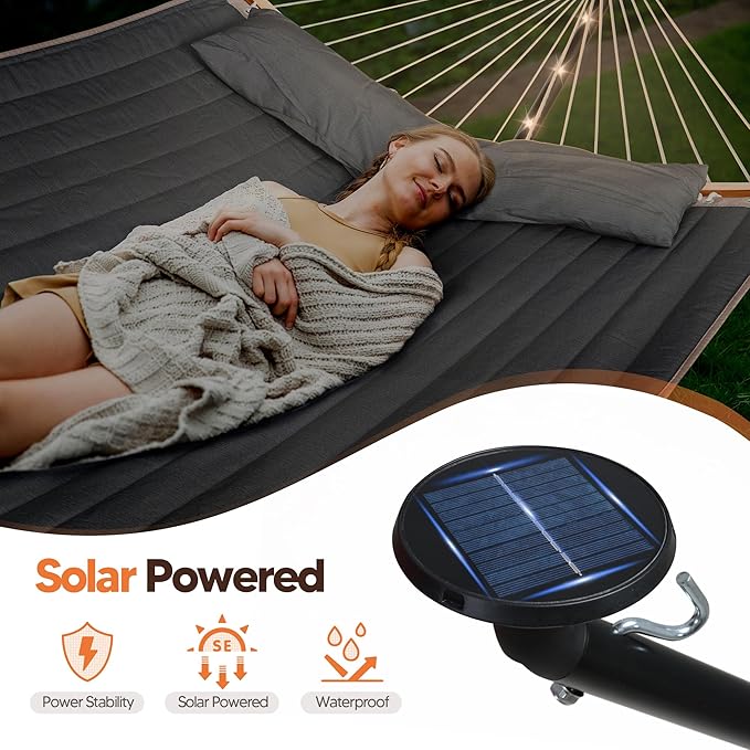 SUNCREAT Double Backyard Hammock with Solar Powered Lights for Outside, 475 lbs Capacity, Heavy Duty Self Standing Hammock with 12 ft Stand, Dark Grey