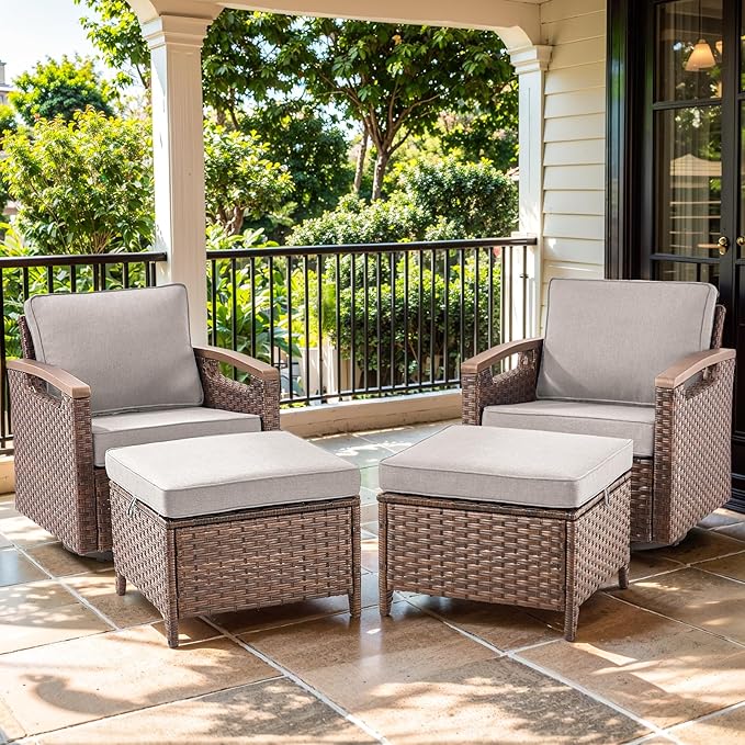 Luxury Outdoor Swivel Rocker Patio Chairs with 2 Ottomans - 4 Piece Heavy Duty Furniture Set All Weather Wicker Conversation Set with Cofort Thick Cushion for Porch Poolside and Deck - Beige