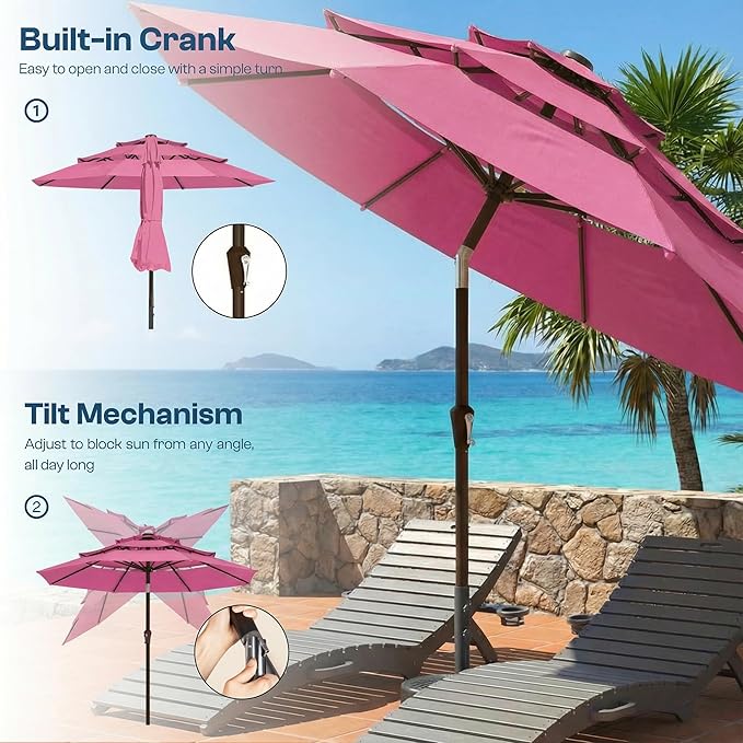 10ft Patio Umbrella, 3 Tier Outdoor Market Table Umbrellas with 8 Fiberglass Ribs and Push Button Tilt, Windproof, Vented Canopy, UV Protection for Deck, Pool, Backyard