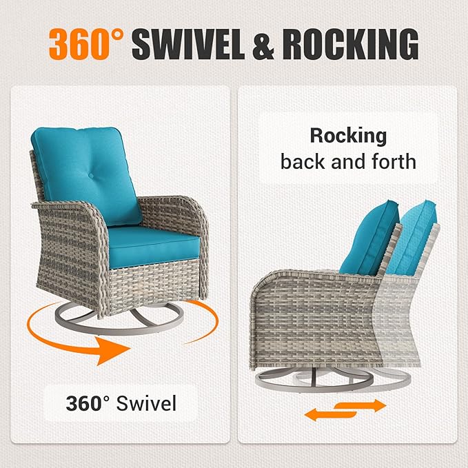 Outdoor Patio Furniture Set with Rocking Swivel Chair Wicker Sectional Sofa Set, 11-Piece Patio Conversation Set with Ottomans and Coffee Table for Garden, Turquoise