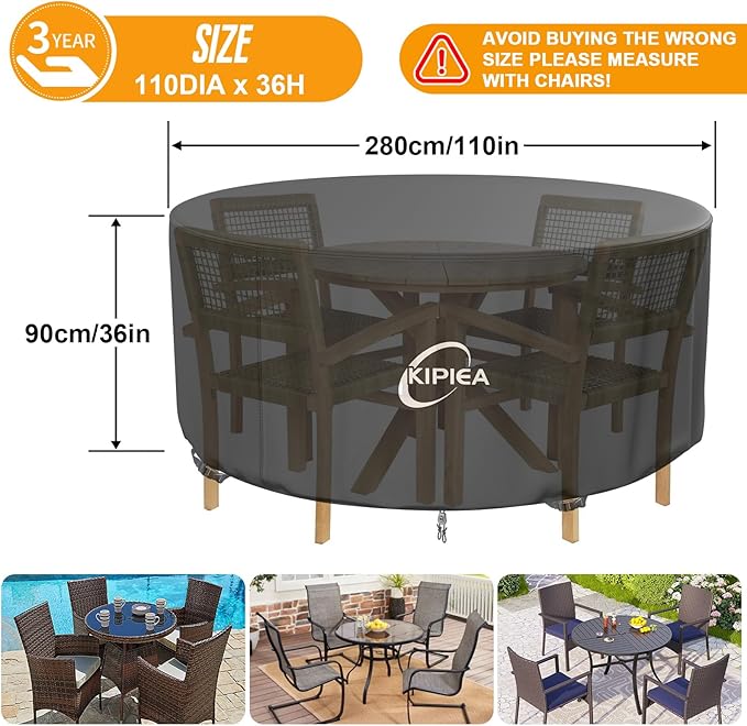 Kipiea Round Patio Table cover Waterproof, Heavy-Duty Round Patio Furniture Covers, No Tears Anti UV No Fading (110" Dia x 36" H)