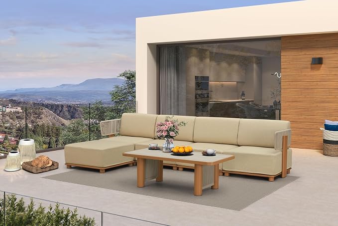 PURPLE LEAF Patio Furniture Set Modular L-Shaped Outdoor Sectional Sofa with 11" Thick Cushion 6-Piece Outdoor Conversation Set with Ottoman & White Lights for Backyard Poolside Table Included, Beige