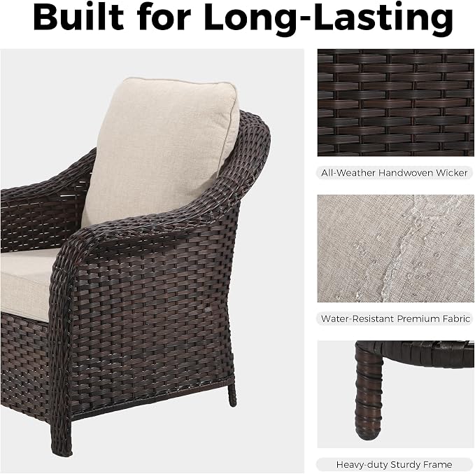5 Piece Patio Wicker Conversation Set, All-Weather Use Outdoor Wicker Loveseat with 2 PE Rattan Ottomans,2 Chair, Ideal for Porch, Backyard, Balcony, Poolside, Beige