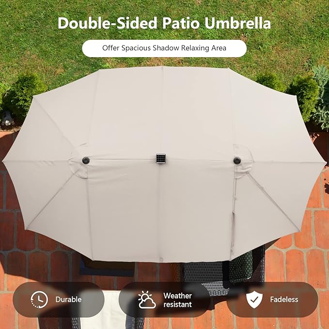 Tangkula 15 Ft Solar Patio Umbrella, Double-Sided Extra Large Outdoor Market Table Umbrella with 48 LED Lights, Crank Handle, 12 Sturdy Ribs for Poolside, Garden & Backyard (Beige)