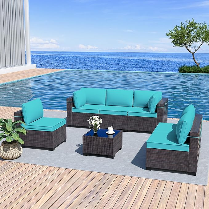 Patio Furniture Set 7PCS Outdoor Furniture for Backyard Sectional Sofa Set, Rattan Wicker Patio Conversation Set with 4 Inch Thickened Cushions and Glass Coffee Table, Blue