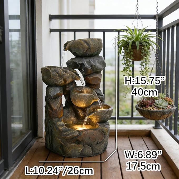 Outdoor Water Fountain with LED Lights, Resin Bowl Waterfall Fountain for Garden Decor Indoor Outdoor Use, 10.2"x6.9"x15.7" (Light Brown)
