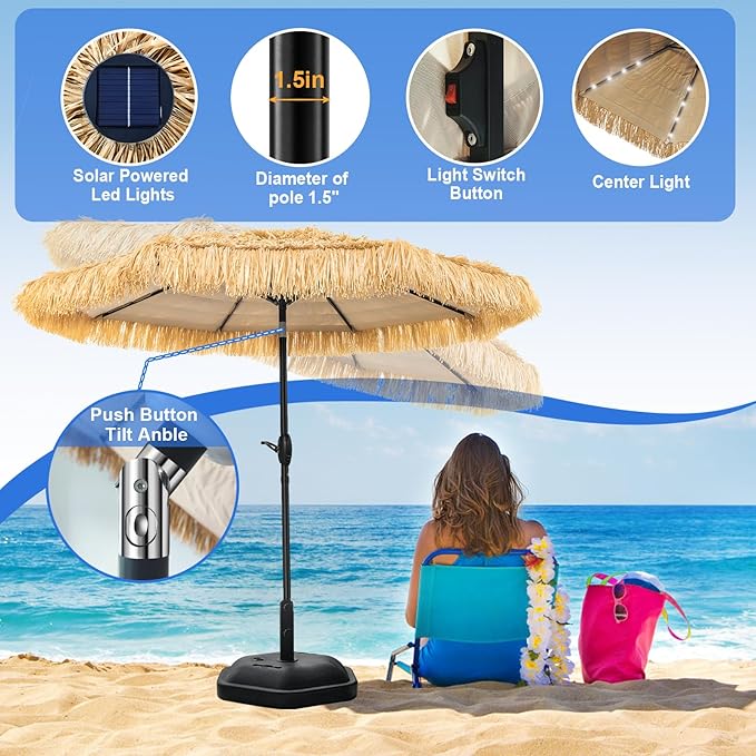 9 FT Solar Thatch Tiki Umbrella, Hawaiian Style Straw Umbrellas with Zinc Alloy Push Button Tilt, UPF 50+ Patio Umbrella,Outdoor Umbrella with 32 LED Lights for Beach, Pool,Garden