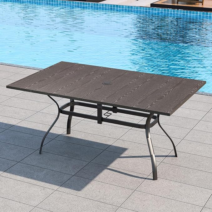 63" Wood-like Embossing Rectangle Outdoor Patio Dining Table for 6 Person | 63" x 38" x 28" Rectangle, Metal Wood-like Embossing Table Top, 1.57"-1.9" Adjustable Umbrella Hole, 6 Person Use